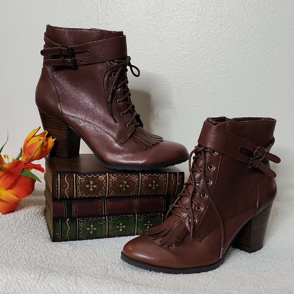 Bella Vita Kody Leather Boots Victorian Tassel Buckle Ankle Booties Cognac Brown